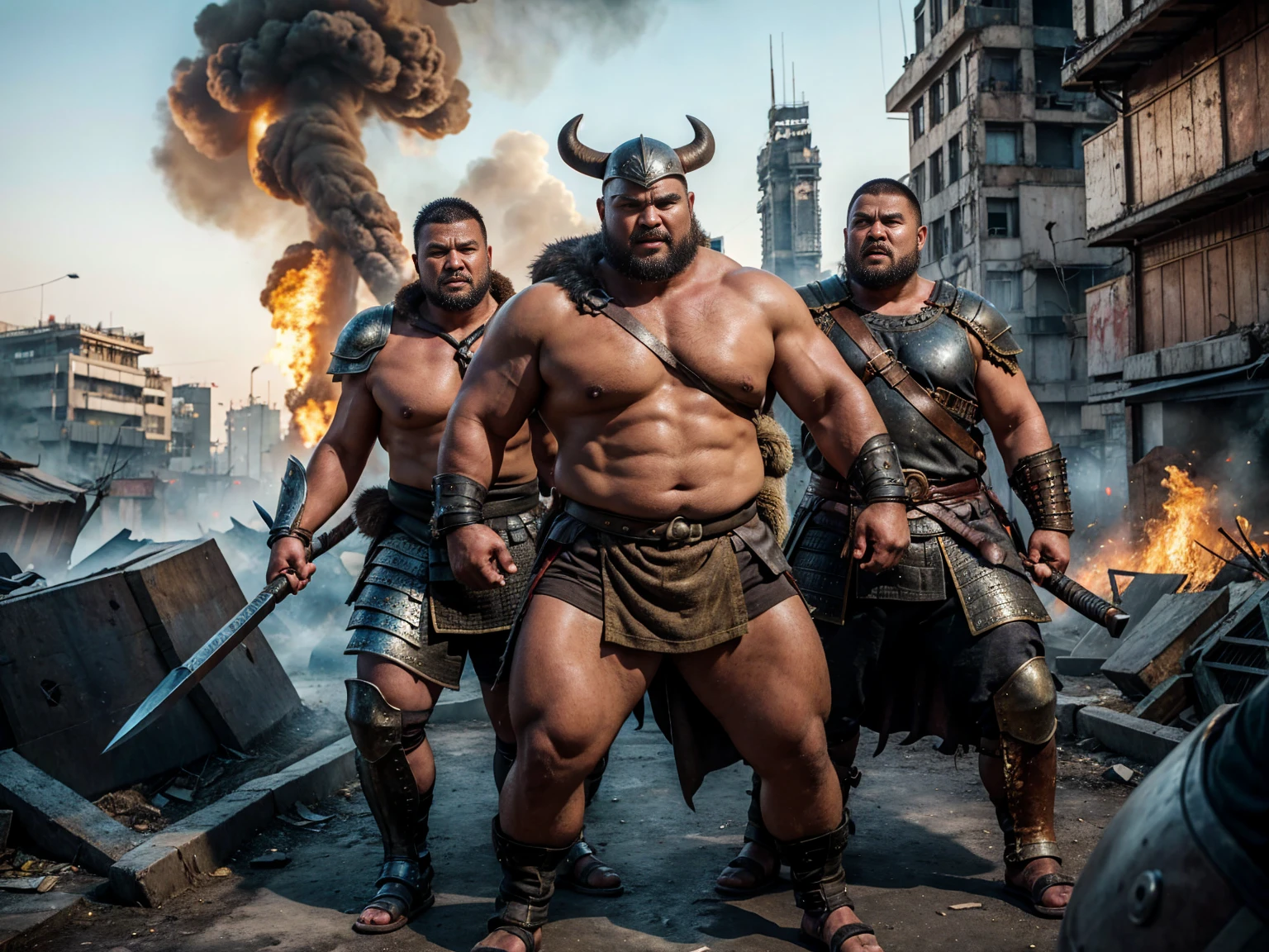 looking at us, Staring Intently, face focus, Bandit, Fat ferocious barbarian:2, This barbarian is a robust stocky Japanese, smirking, lets out a yell, mid combat, intense battle scene, leather and iron armor, armored short skirt, holding a Viking War Axes, viking helmet, legs exposed from thighs to feet, fierce warriors, ancient battlefields, epic showdown, battleground background, breathtaking action, masterpiece, volumetric lighting, Dramatic, Uighur the Warden, breathtaking action, dynamic poses, bald, ((ultra sharp)), ((masterpiece)), ((best quality)), ((ultra detailed)), ((intricate details)), Inguinal region detailed, Dilapidated, destroyed city after big air raids, fire, A desolate, post-apocalyptic cityscape, A brutal scene, casting an ominous shadow,