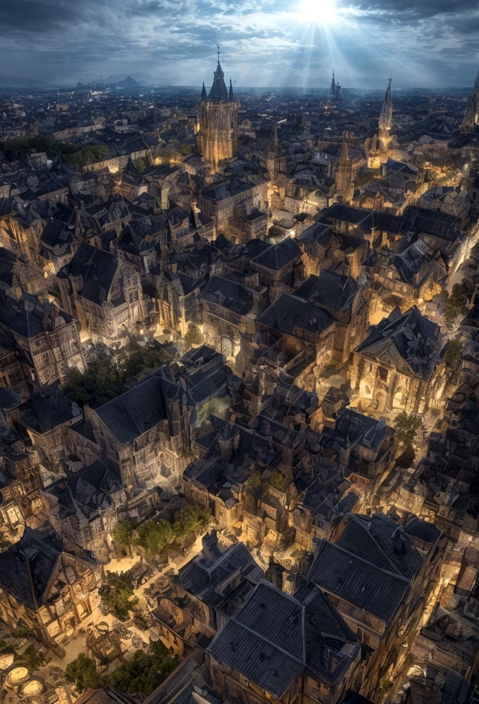 a view of fantasy medieval city, taken from the top of church of , at night, the shot taken while standing behind the statue of a gargoyle on the roof, 16K, ultra detailed, masterpiece, best quality, (extremely detailed), arafed, dnd art, god rays, cinematic lighting, glowing light, silhouette, from outside, photorealism, panoramic view (Masterpiece, intense details: 1.5) , Wide-Angle, Ultra-Wide Angle, aetherpunkai