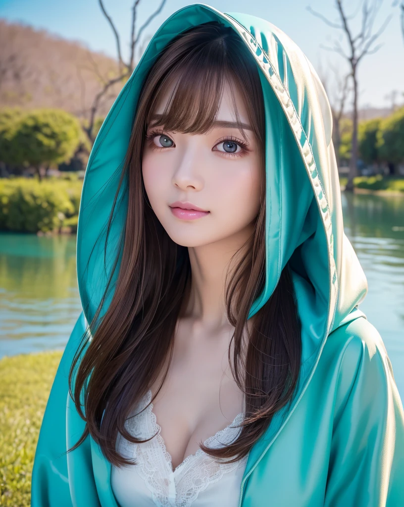 (highest quality, 32k, High resolution, masterpiece:1.5), marimo_jet, god々A photograph with brilliant dazzling and healing power., Evoking a sense of calm and elusive beauty, Expressing emotions, Have a rich imagination, ((Decadent world, Submerged ancient ruins in the lake, Grass and vines grow)), Beautiful Japanese Girls, An exceptionally beautiful face, Small Face Beauty, Perfect Human Anatomy, Magical big eyes, Motherhood and generosity, Deep Love, fleeting smile, Shiny brown hair, Super Long Straight Silk Hair, Asymmetrical bangs, Hair between the eyes, Transparent, soft white skin, Sharp eyebrows, Thin lashes, Natural Makeup, Cheek highlighter, Pale pink detailed lips, ((Turquoise hooded raincoat.2)), Holding a SLR camera, Slim figure with ample breasts, High resolutionの美しい太もも, Soft sunlight pouring down from the blue sky, Professional Lighting, Professional photographer, Professional models