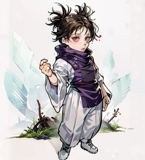 (highest quality, High resolution),  Detailed facial features, Symmetrical face, Perfect Skin, Black Hair, White Background, Beautiful details, 1 male, Young people, （Brown eyes:1.5）, Purple Eyeshadow, Delicate eyes and face, Purple kimono、(Chibi Character)、boots、cute