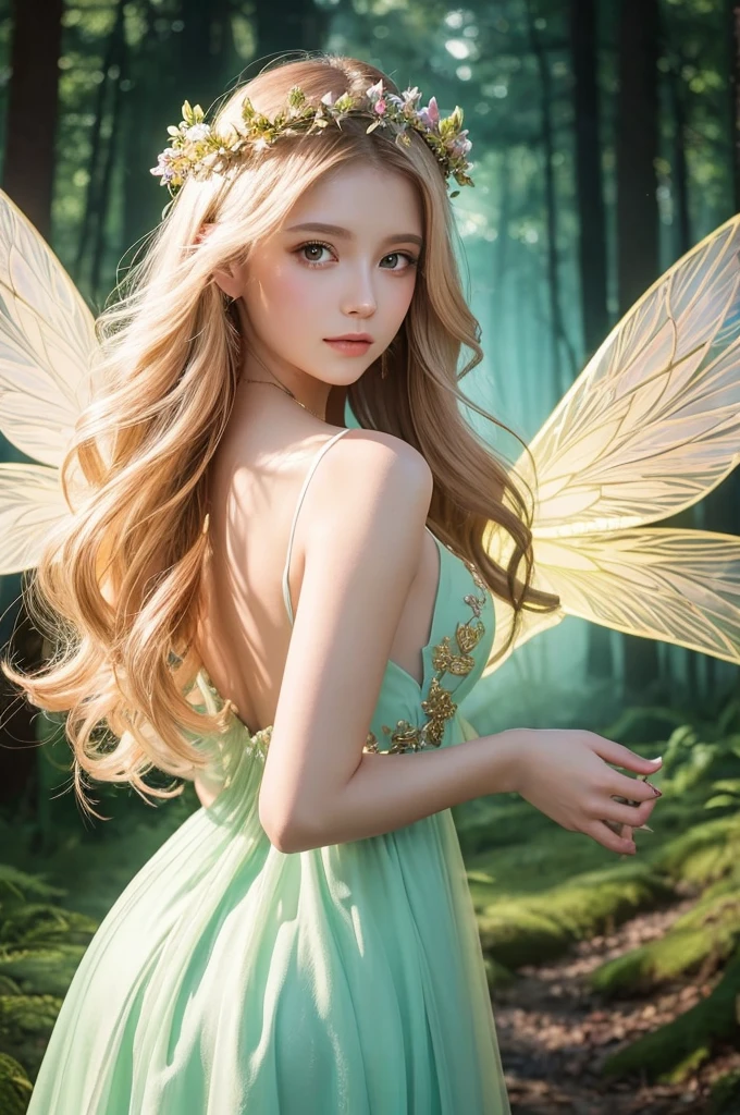 “Create a magical and enchanting portrait of a young fairy woman. She should have delicate, ethereal features with long, flowing hair adorned with a floral crown. Her outfit should be an elegant and intricate dress with soft pastel colors and golden accents. She should have shimmering, translucent fairy wings. In her hand, she holds a glowing, magical orb with a heart shape inside. The background should be a mystical forest at dusk, with a soft, glowing light source above her, adding a dreamy and otherworldly ambiance to the scene.”