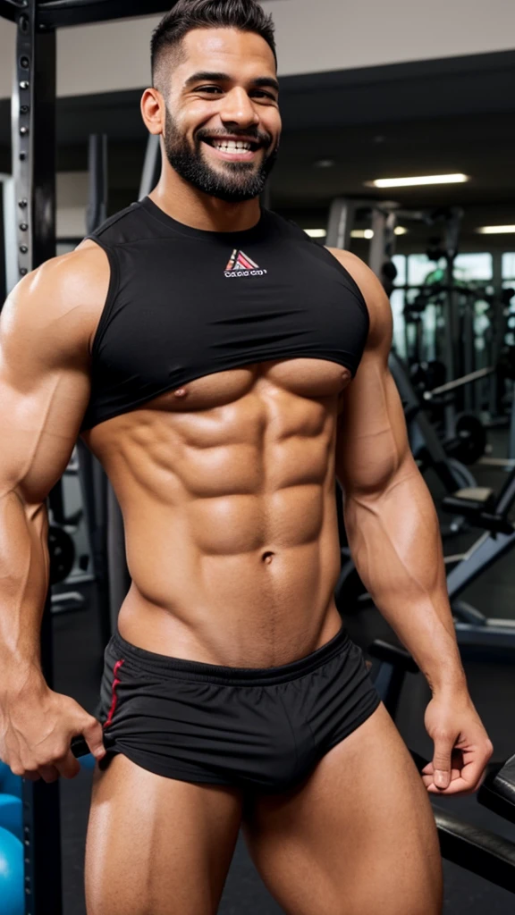 Hombre musculoso grande en el gym cabello negro sonriendo