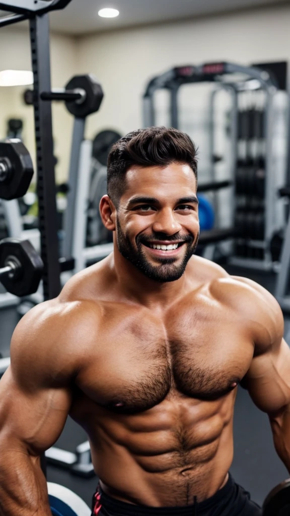 Hombre musculoso  grande  en el gym cabello negro  sonriendo 