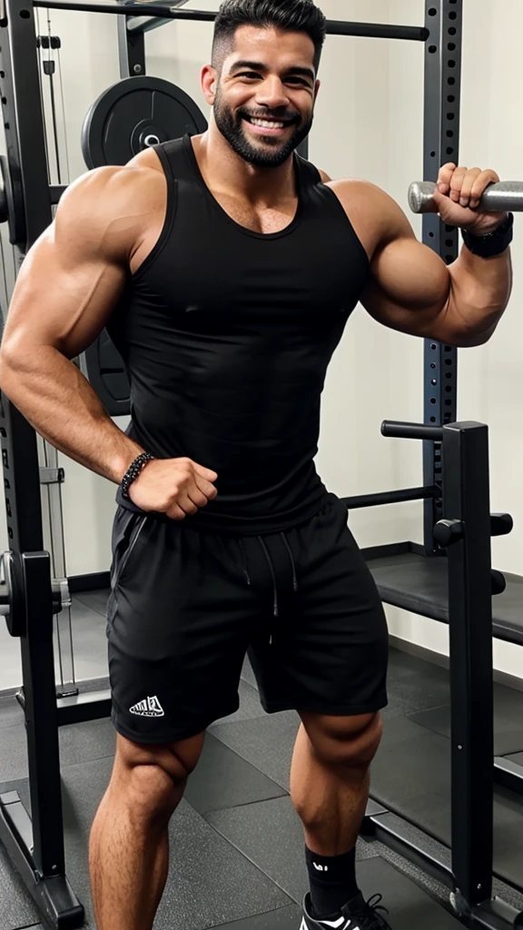 Hombre musculoso  grande  en el gym cabello negro  sonriendo 