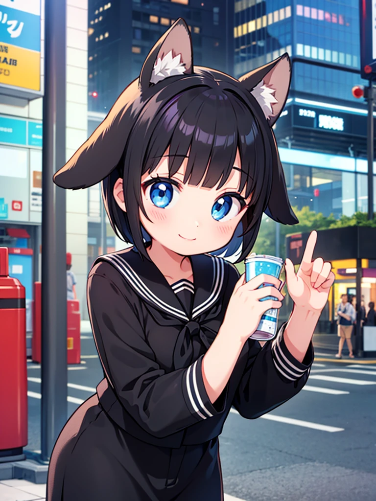 Short black hair Adult female　Dog Ears　Dark blue colored eyes　Wearing a black sailor suit　In the city　smile
