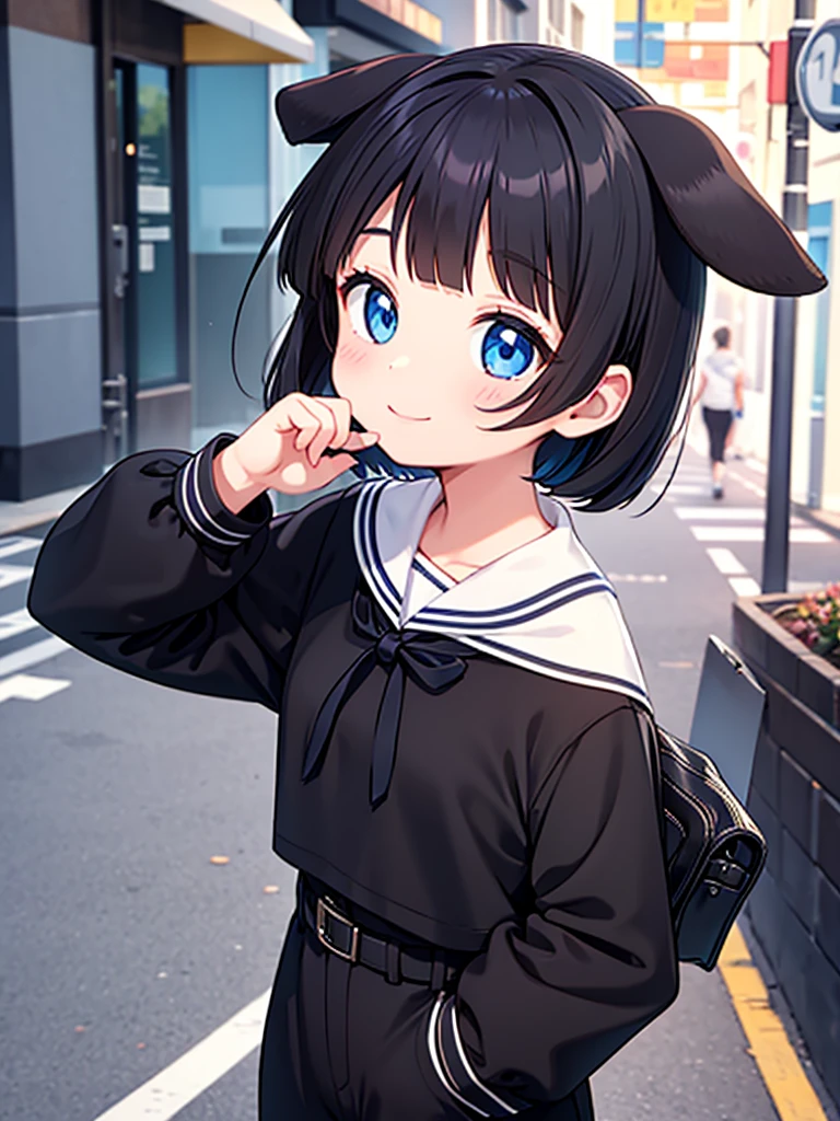 Short black hair Adult female Dog Ears Dark blue colored eyes Wearing a black sailor suit In the city smile