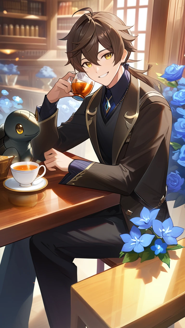 absurd res, high res, (masterpiece:1.4) (/genshin impact/), zhongli, tall male, wearing black turtle neck shirt, dark sweater, drinking tea, soft smiling, sitting down, tea on table, blue flowers, brown hair, yellow eyes, built body, 