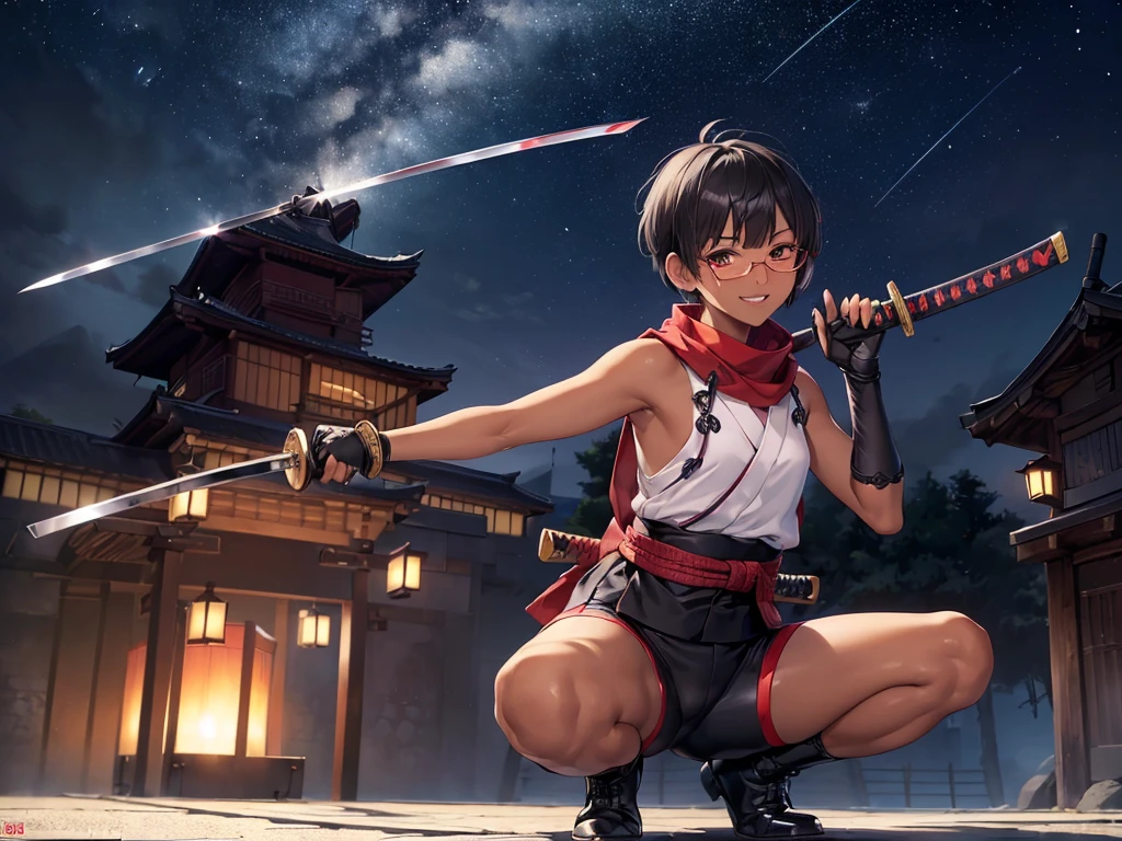 (flat chest:), (masterpiece:1.2), highest quality, High resolution, unity 8k wallpaper, (fine and beautiful eyes:1.6), highly detailed face, perfect lighting, Detailed CG, (perfect hands, perfect anatomy), (1 boy solo:1.4), 20 years old, black hair, extremely beautiful detailfeminine face and eyes, (evil smile:1.4), detailed eyes, best quality,( dark skin:1.8), (turtleneck shirt under yukata:1.2), (bike shorts:1.2), extremely detailed, very precise detailed, (glasses:1.3), blunt bangs, open mouth, (very short pixie cut:1.2), boots,fingerless gloves, smile, half closed eyes, ,(on kawara roof),night sky, ,long sidelocks,(long red Scarf),(yukata),(squatting), ears,(acrobat pose:1.3),(squat:1.3),leaning forward,(one knee dwon:1.5),(Put one foot in front:1.3),(stylish pose:1.4),(2 legs:1.9),(arm up:1.4),(grab katana:1.3)
