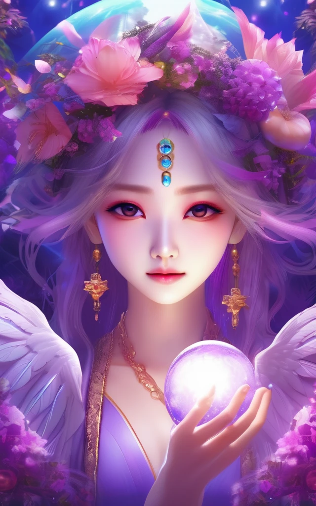 Purplish color、An angelic enchanting god with wings、Holding a glowing sphere in your hand　Staring straight into the camera， in the center，Very bright color, Light Particles, The light shines, Musibu, Wallpaper Art, UHD Wallpaper、Background purple、Mysterious、Impersonal、cart、Upper body close-up、fortune teller、Surrounded by flowers、Beautiful smile、