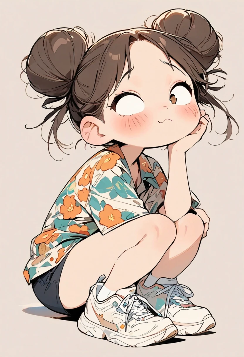 (masterpiece, highest quality:1.2), Cartoon style character design。1 girl, alone,Big eyes,Cute expression,Two buns hair,Floral Shirt,Work clothes,White sneakers,stand,interesting,interesting,Clean Lines,Solid color background