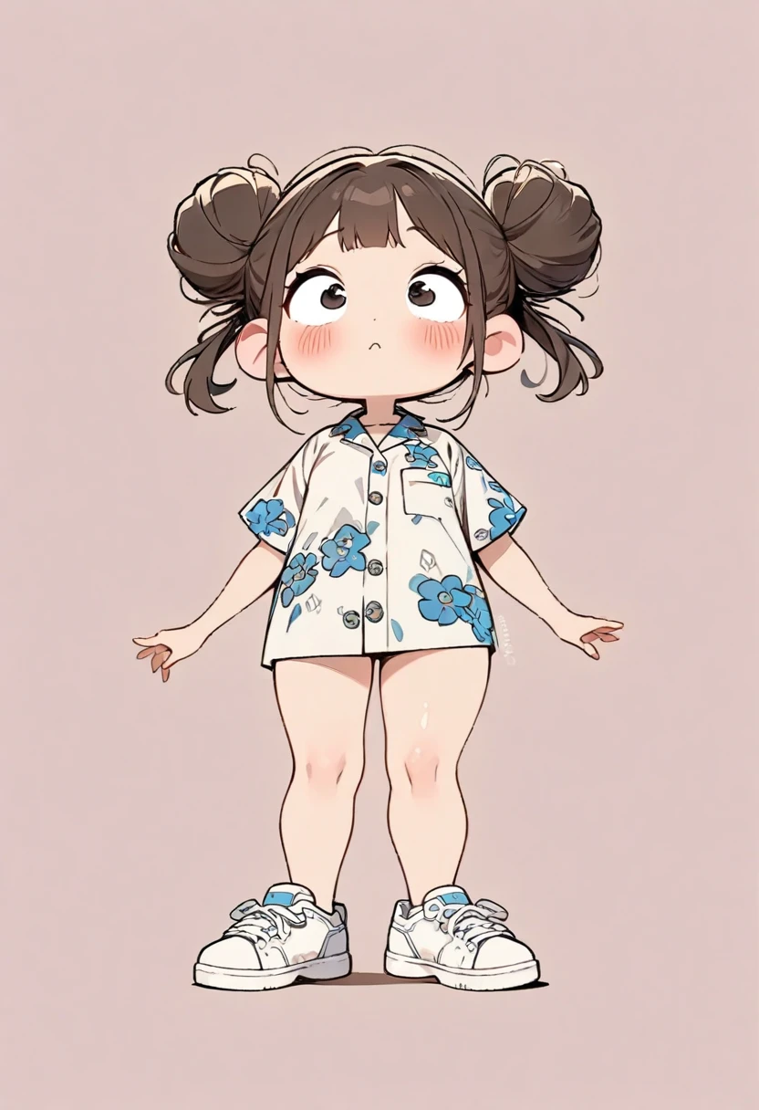 (masterpiece, highest quality:1.2), Cartoon style character design。1 girl, alone,Big eyes,Cute expression,Two buns hair,Floral Shirt,Work clothes,White sneakers,stand,interesting,interesting,Clean Lines,Solid color background