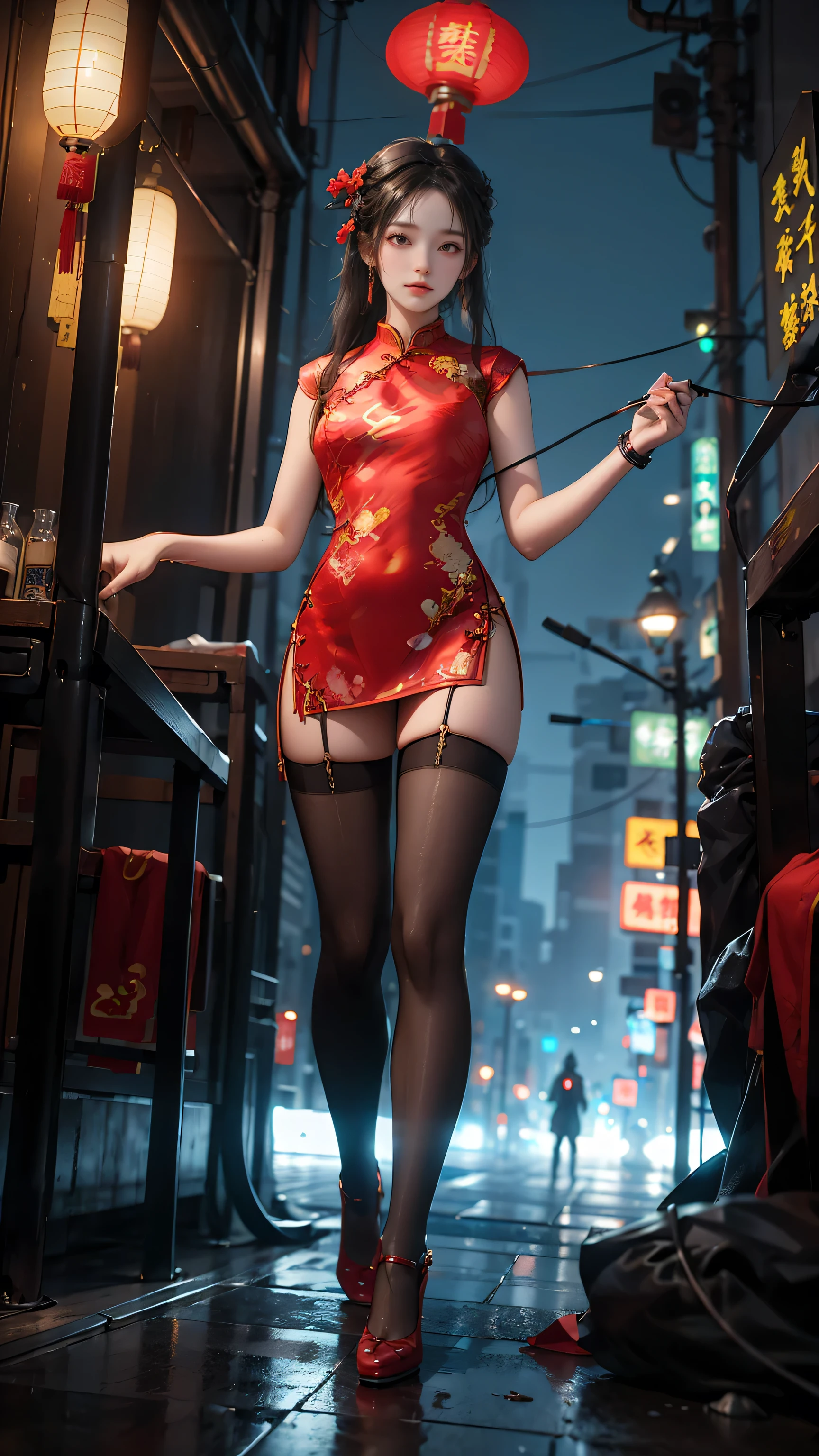 masterpiece,best quality,high resolution, 1 busty girl,From below,(The legs are very thin and straight),,(Very long legs,Straight Legs),,High heel,long legs,stand up, Leg length from the front, Perfect body,Have perfect legs,Cyberpunk Characters,dynamic poses,1 busty girl,Exquisite eyes,Brown eyes,Eyeshadow,make up,long gray hair, Delicate face, Delicate eyes, Looking at the audience, Blush Blush, Plump lips, Red lips,(Black long hair:1.3), (stand up)Mechanical static,Machine Summoning,(Hair accessories:1.1),hat,((((Red cheongsam)))),(black stockings,pantyhose garters),City,Luminous winding,glowing butterfly,cyberpunk lamp:1.1),Neon,Fully mechanical and futuristic elements,science and technology,The background is a traditional Chinese street,China Town, street, sky sky, Cyberpunk Characters, Paper lanterns, Neon Super Resolution,(Reality:1.3),1(Slim:1.2),Dramatic Lighting,Vibrant details,Luxury Cyberpunk,Complex background,Octane's RendereRed,