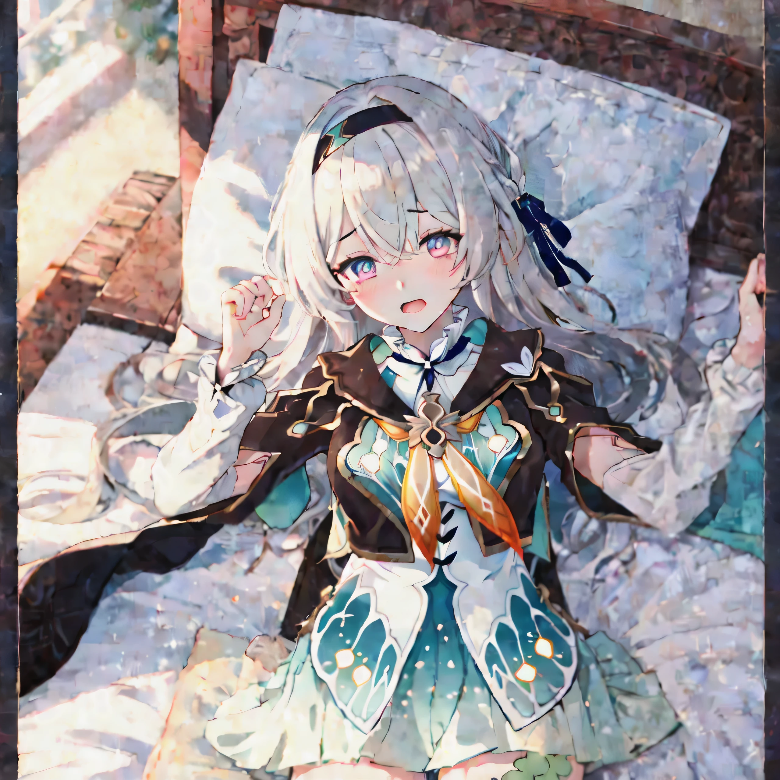 1 girl, firefly \(Honkai: Star Rail\), alone, black thighs, headband, gradient skirt, hair accessories, Women's blouses, pleated neck, Crop Jacket, yellow neckerchief, cowboy shoot, Lie on your back., bed, shy, Blush, raise your arms,