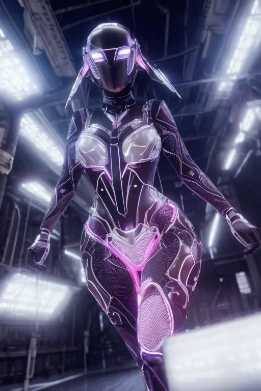 A beautiful woman is walking inside a futuristic factory, growing like a biomechanical organism, pale pink, black and metallic silver,like a living organism, shining bright, growing in symmetrical designs and arabesques, adorned with blue lights, digital art, masterpiece, highly detailed, 3d modelling, 4k resolution, abstract art, digital art, 1980s, photographic