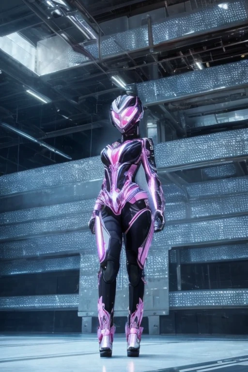 A beautiful woman  is walking inside a futuristic factory, growing like a biomechanical organism, pale pink, black and metallic silver,like a living organism, shining bright, growing in symmetrical designs and arabesques, adorned with blue lights, digital art, masterpiece, highly detailed, 3d modelling, 4k resolution, abstract art, digital art, 1980s, photographic