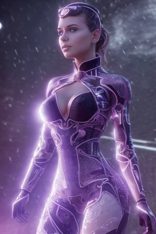 A beautiful woman  is walking inside a futuristic factory, growing like a biomechanical organism, pale pink, black and metallic silver,like a living organism, shining bright, growing in symmetrical designs and arabesques, adorned with blue lights, digital art, masterpiece, highly detailed, 3d modelling, 4k resolution, abstract art, digital art, 1980s, photographic