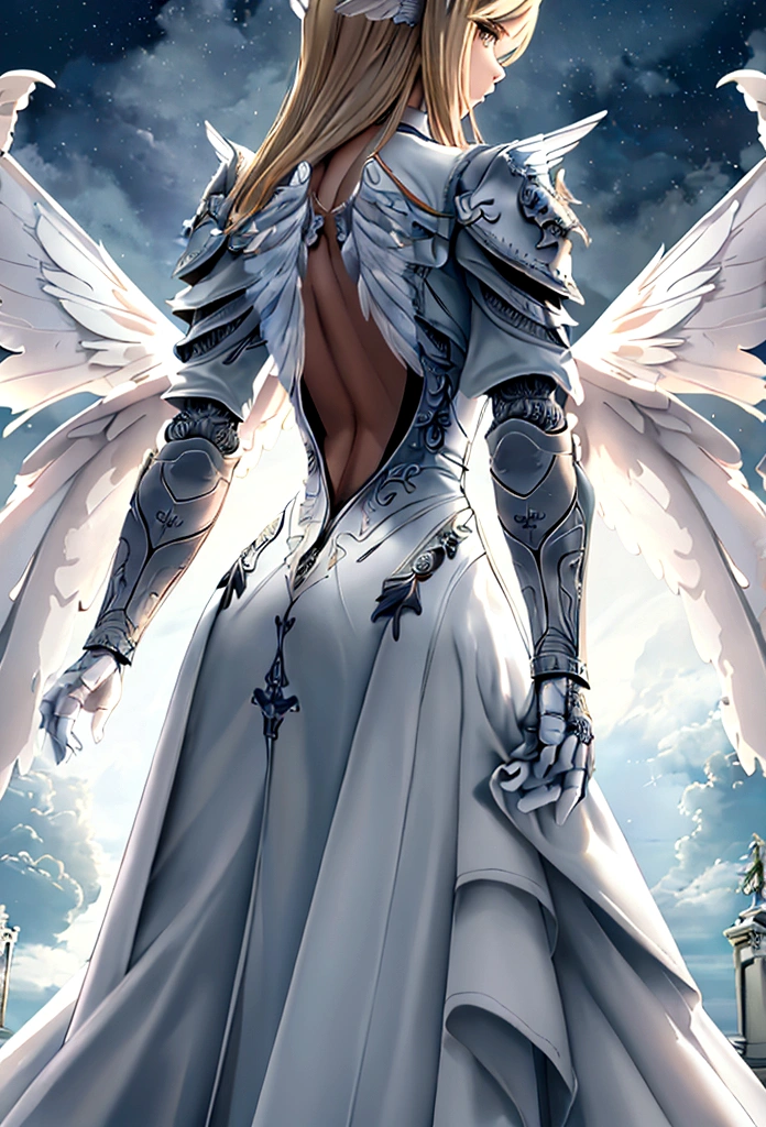 (a back view model shot taken from the rear: 1.5), female angel (Masterpiece, intense details: 1.3), paladin, holy warrior, short blond hair, determined face, full body, ((fully clothed: 1.5)), armed with sword, holy symbol, (wearing white armor: 1.3), (wings sprouting from the back: 1.3) spread large feathered wings, majestic wings, white angelic wings, moon light, moon, stars, clouds, cemetery background, anatomically correct (Masterpiece, intense details: 1.3), god rays, cinematic lighting, glowing light, photorealism, panoramic view, Wide-Angle, Ultra-Wide Angle, 16k, highres, best quality, high details, ultra detailed, masterpiece, best quality, (extremely detailed), arafed, dnd art, armored dress