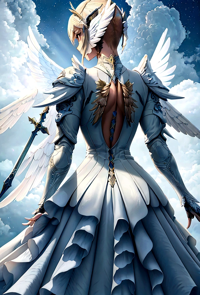 (a back view model shot taken from the rear: 1.5), female angel (Masterpiece, intense details: 1.3), paladin, holy warrior, short blond hair, determined face, full body, ((fully clothed: 1.5)), armed with sword, holy symbol, (wearing white armor: 1.3), (wings sprouting from the back: 1.3) spread large feathered wings, majestic wings, white angelic wings, moon light, moon, stars, clouds, cemetery background, anatomically correct (Masterpiece, intense details: 1.3), god rays, cinematic lighting, glowing light, photorealism, panoramic view, Wide-Angle, Ultra-Wide Angle, 16k, highres, best quality, high details, ultra detailed, masterpiece, best quality, (extremely detailed), arafed, dnd art, armored dress