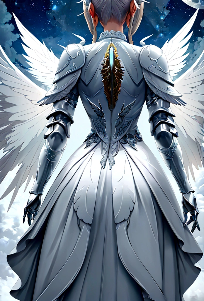 (a back view model shot taken from the rear: 1.5), female angel (Masterpiece, intense details: 1.3), paladin, holy warrior, short blond hair, determined face, full body, ((fully clothed: 1.5)), armed with sword, holy symbol, (wearing white armor: 1.3), (wings sprouting from the back: 1.3) spread large feathered wings, majestic wings, white angelic wings, moon light, moon, stars, clouds, cemetery background, anatomically correct (Masterpiece, intense details: 1.3), god rays, cinematic lighting, glowing light, photorealism, panoramic view, Wide-Angle, Ultra-Wide Angle, 16k, highres, best quality, high details, ultra detailed, masterpiece, best quality, (extremely detailed), arafed, dnd art, armored dress