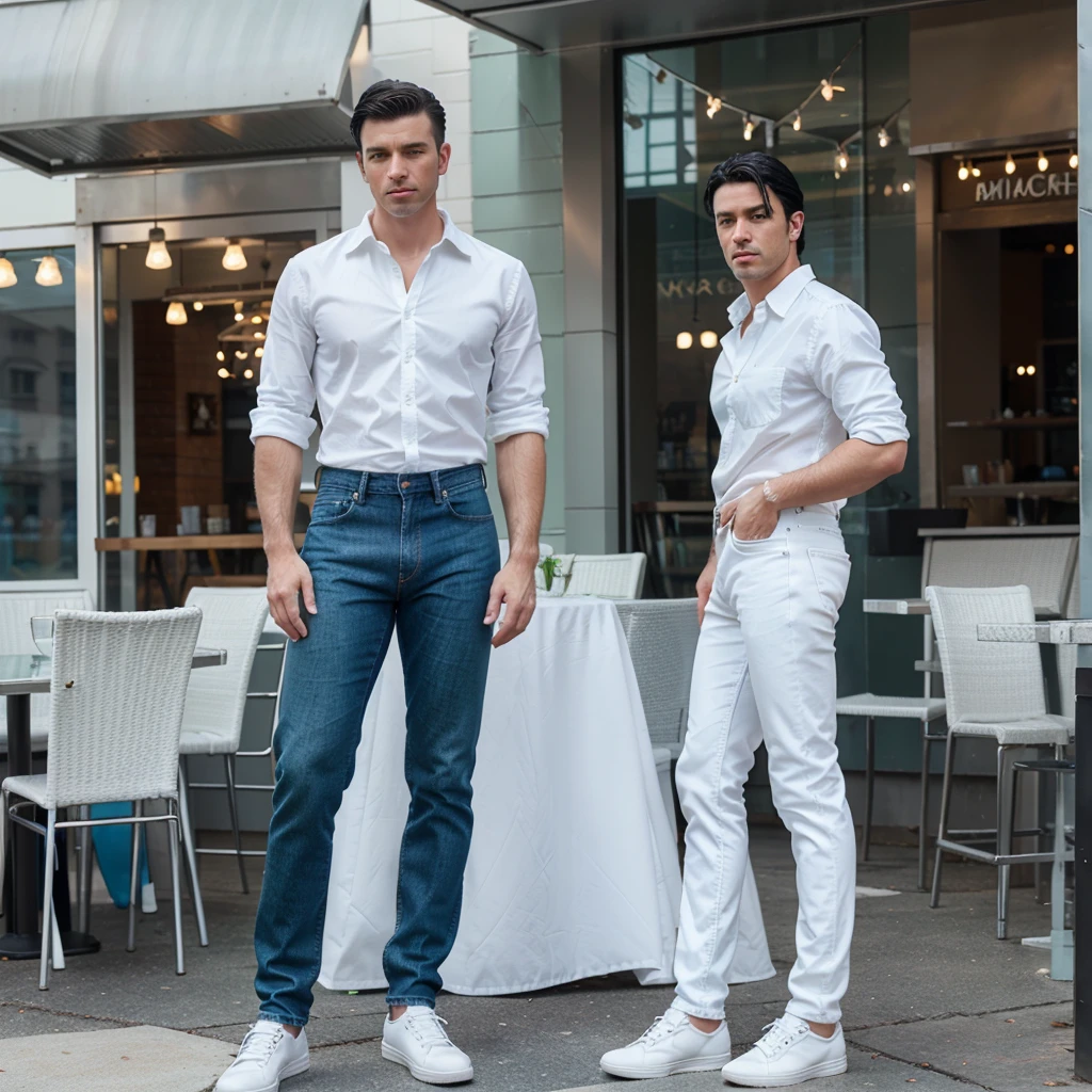 a white man with black hair and green eyes, wearing blue jeans and a white shirt, standing in front of a restaurant with glass decorations, white shoes, high quality, realistic, photorealistic, 8k, ultra-detailed, studio lighting, physically-based rendering, professional, vivid colors, sharp focus