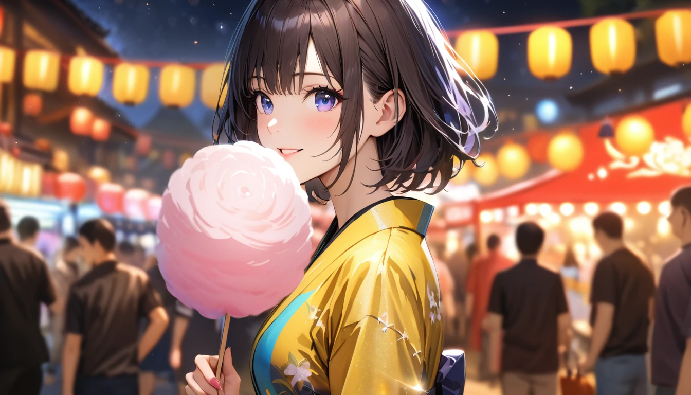 Summer festival,night, yukata, Holding cotton candy,Blur the background,High school girls,short hair,smile,Glitter effect,highest quality, 4K, 8k, High resolution, masterpiece:1.2, Very detailed, Realistic:1.37, High resolution, 超High resolution, Ultra-fine painting, Sharp focus, Physically Based Rendering, Very detailedな説明, Professional, Vibrant colors