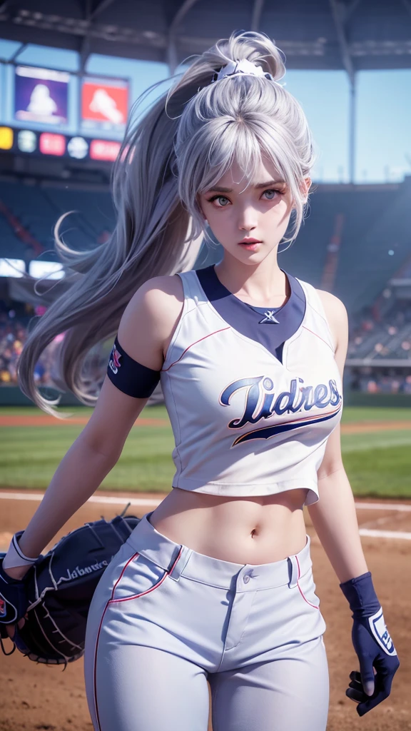 Female baseball player pitching，baseball bat in hand，Batting dynamics，Correct ergonomics（1.5），masterpiece，top quality，ultra wide angle lens（1.5)（realistically，realistically：1.4），（original photo：1.4），Very exquisite CG Unity 8K wallpaper，very delicate and beautiful，Mann pays attention to detail，official art，beautiful eyes and face（1.5），Beautiful and delicate eyes，There is light on the face，a girl，long white hair，（pom poms）navel，upper part of body，baseball uniform，He wears baseball gloves on his hands， baseball field，