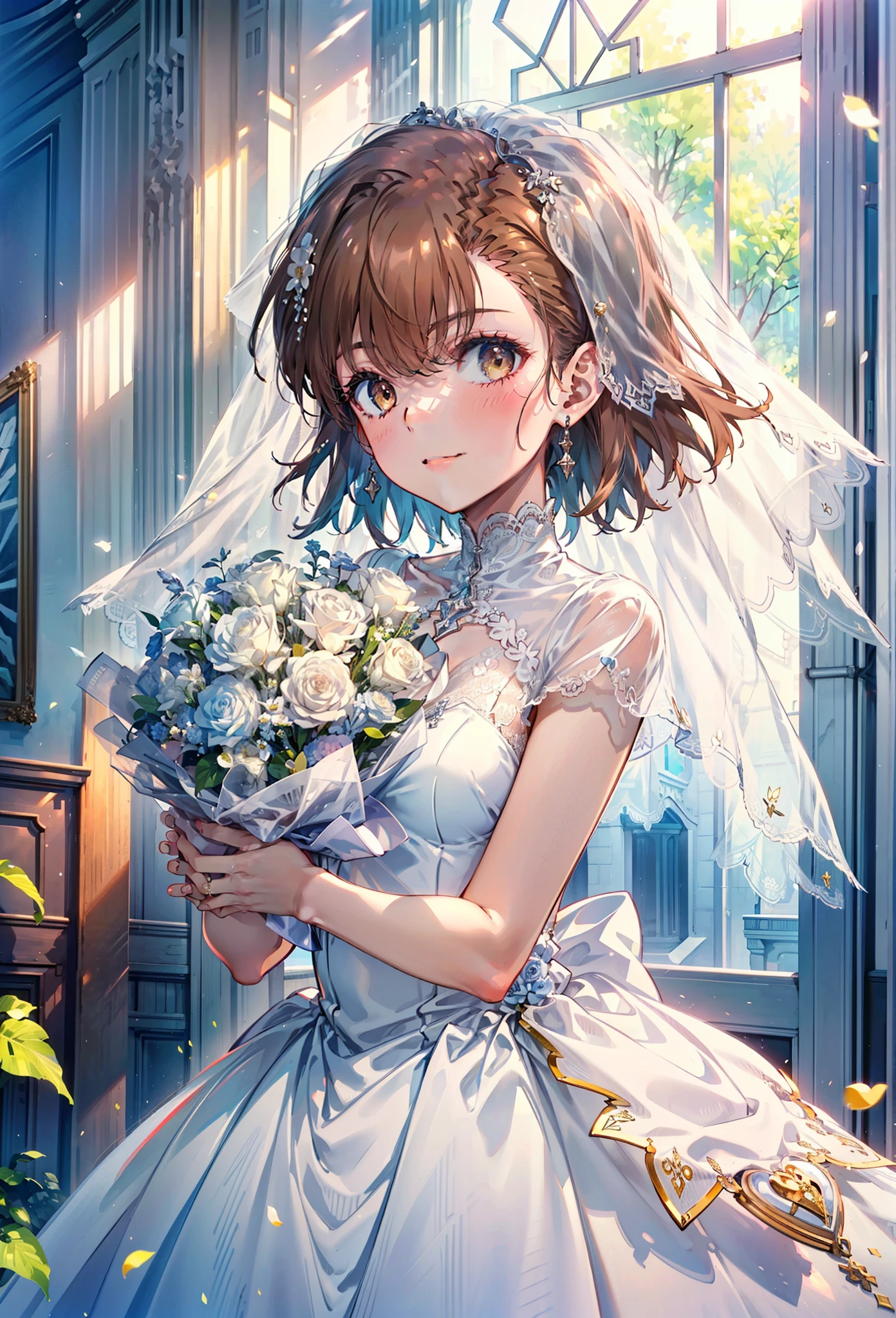 8k,highest quality,masterpiece,(((Pixel Perfect, Perfect in every detail))), alone, 1 girl, ,Mycotrose, Brown eyes,Brown Hair,short hair,Open your mouth,smile,blush,Flower Hair Ornaments,Veil,Wedding dress,Wedding Skirts,holding a bouquet with both hands,Flower Storm, break indoors, Chapel,Association, break looking at viewer, whole body,(Cowboy Shot:1. 5) , break (masterpiece:1.2), highest quality, High resolution, unity 8k wallpaper, (shape:0.8), (Beautiful details:1.6), Highly detailed face, Perfect lightでg, Highly detailed CG, (Perfect hands, Perfect Anatomy),