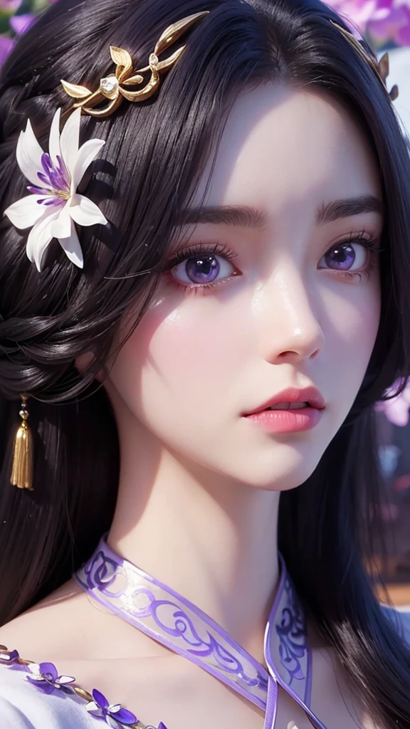 a close up of a woman in a white dress with purple flowers, a beautiful fantasy empress, japanese goddess, 8k high quality detailed art, palace , a girl in hanfu, trending on cgstation, pale milky white porcelain skin, beautiful alluring anime woman, white haired deity, ((a beautiful fantasy empress)), asian hyperdetailed, inspired by Lan Ying