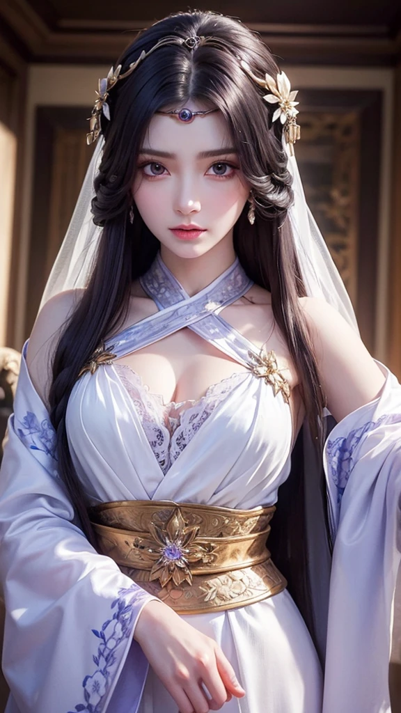 a close up of a woman in a white dress with purple flowers, a beautiful fantasy empress, japanese goddess, 8k high quality detailed art, palace ， a girl in hanfu, trending on cgstation, pale milky white porcelain skin, beautiful alluring anime woman, white haired deity, ((a beautiful fantasy empress)), asian hyperdetailed, inspired by Lan Ying