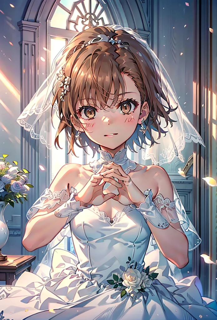 8k,highest quality,masterpiece,(((Pixel Perfect, Perfect in every detail))), alone, 1 girl, ,Mycotrose, Brown eyes,Brown Hair,short hair,Open your mouth,smile,blush,Flower Hair Ornaments,Veil,Wedding dress,Wedding Skirts,holding a bouquet with both hands,Flower Storm, break indoors, Chapel,Association, break looking at viewer, whole body,(Cowboy Shot:1. 5) , break (masterpiece:1.2), highest quality, High resolution, unity 8k wallpaper, (shape:0.8), (Beautiful details:1.6), Highly detailed face, Perfect lightでg, Highly detailed CG, (Perfect hands, Perfect Anatomy),