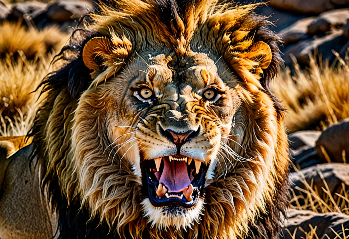 Angry lion，roar，Dreamy background，portrait，RAW，UHD，8k，Detailed Details，Best quality，Perfect color matching，Sense of atmosphere，Masterpieces shot by international photography masters，National Geographic Photography Award Winners