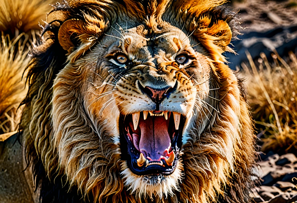 Angry lion,roar,Dreamy background,portrait,RAW,UHD,8k,Detailed Details,Best quality,Perfect color matching,Sense of atmosphere,Masterpieces shot by international photography masters,National Geographic Photography Award Winners