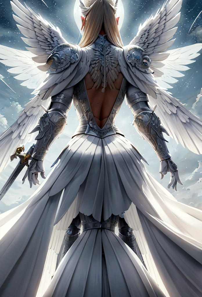 (a back view model shot taken from the back: 1.5), female angel (Masterpiece, intense details: 1.3), paladin, holy warrior, short blond hair, determined face, full body, armed with sword, holy symbol, (wearing white armor: 1.3), ((fully dressed: 1.5)), (wings sprouting from the back: 1.3) spread large feathered wings, majestic wings, white angelic wings, moon light, moon, stars, clouds, cemetery background, anatomically correct (Masterpiece, intense details: 1.3), god rays, cinematic lighting, glowing light, photorealism, panoramic view, Wide-Angle, Ultra-Wide Angle, 16k, highres, best quality, high details, ultra detailed, masterpiece, best quality, (extremely detailed), arafed, dnd art, armored dress