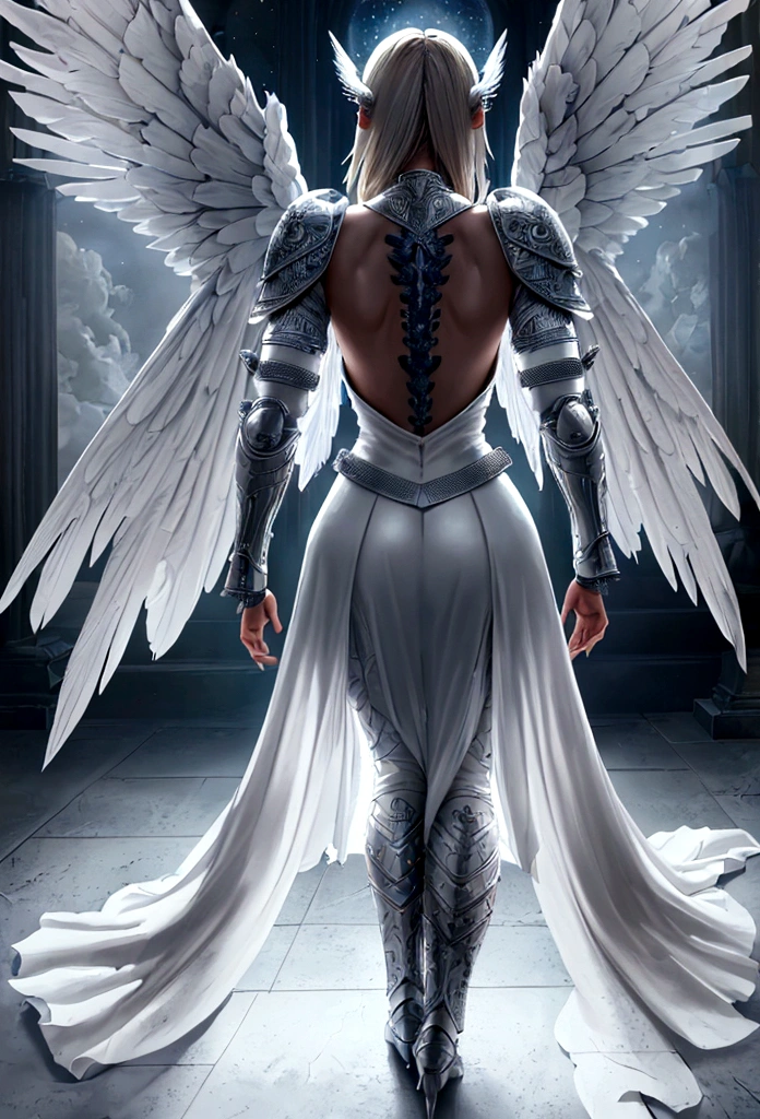 (a back view model shot taken from the back: 1.5), female angel (Masterpiece, intense details: 1.3), paladin, holy warrior, short blond hair, determined face, full body, armed with sword, holy symbol, (wearing white armor: 1.3), ((fully dressed: 1.5)), (wings sprouting from the back: 1.3) spread large feathered wings, majestic wings, white angelic wings, moon light, moon, stars, clouds, cemetery background, anatomically correct (Masterpiece, intense details: 1.3), god rays, cinematic lighting, glowing light, photorealism, panoramic view, Wide-Angle, Ultra-Wide Angle, 16k, highres, best quality, high details, ultra detailed, masterpiece, best quality, (extremely detailed), arafed, dnd art, armored dress