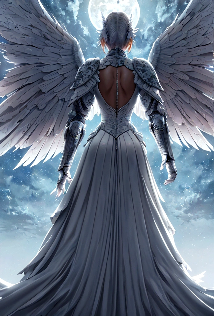 (a back view model shot taken from the back: 1.5), female angel (Masterpiece, intense details: 1.3), paladin, holy warrior, short blond hair, determined face, full body, armed with sword, holy symbol, (wearing white armor: 1.3), ((fully dressed: 1.5)), (wings sprouting from the back: 1.3) spread large feathered wings, majestic wings, white angelic wings, moon light, moon, stars, clouds, cemetery background, anatomically correct (Masterpiece, intense details: 1.3), god rays, cinematic lighting, glowing light, photorealism, panoramic view, Wide-Angle, Ultra-Wide Angle, 16k, highres, best quality, high details, ultra detailed, masterpiece, best quality, (extremely detailed), arafed, dnd art, armored dress