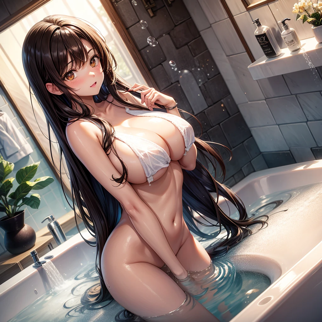 / Brown eyes, long dark hair, / big tits / naked / bubble bath