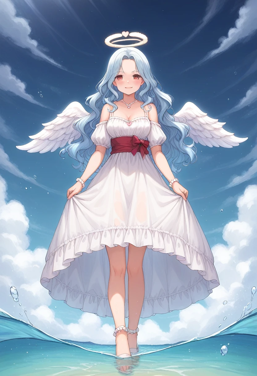 score_9, score_7_up, score_6_up, 1girl, source_cartoon, source_anime,breathtalking Scenery,watercolor,smooth soft skin, natural skin,full body,
BREAK
(20 years old:1.2),1girl, (large breasts:1.3),Oily skin,smile,ultra cute face,(alluring physique:0.9),(Clione girl),coquettishly,slender,
BREAK
(Long wavy hair:1.4), (Light blue hair:1.3),(pearlwhite angel wings round fold:1.5),(garnet color eyes:1.1),wings round close, eyes open,(angel wings inspired by ice and snow),large intake hairstyle,
BREAK
(Perfect red Heart shaped angel halo:1.5),(Heart shaped red angel halo of light:1.1),(Heart mark angel halo:1.5),(Heart shaped pendant:1.3),
BREAK
white dress inspired by sea ripples and seaweed,wears transparent dress evoking the waves, Elaborate accessories crafted from sea jewels,pale blue dress inspired by ice,dress inspired by snow,(Sash:1.2),red Sash with red heart shaped gem,crystal dress,