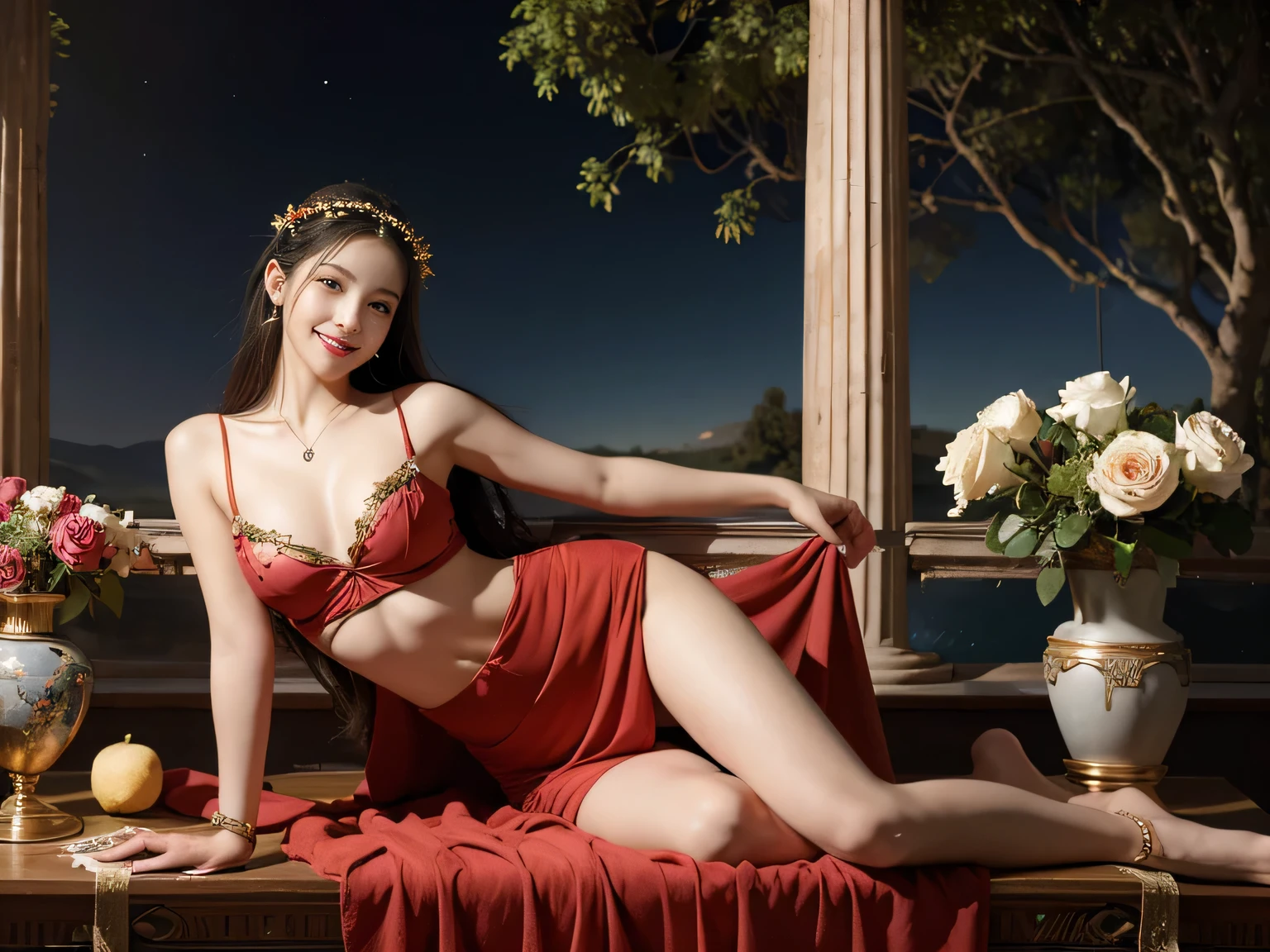Giorgione painting style,Arguments of two female Philosophe,math、astronomical machine、astronaut、roses in vase、fruits、Cute trinkets、smile、ancient greek costume、Background is a forest lake at night 、Clothes that stretch your shoulders、A big smile、beautiful bare skin、A detailed representation of the seducing woman throughout her body.
