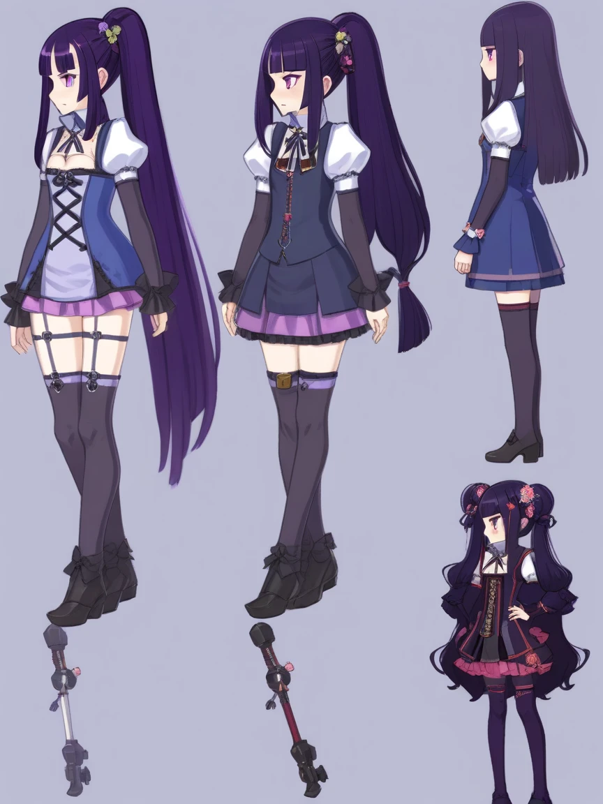 1female, mature female, reference sheet, newest, german 18th century clothes, tight dress, big , big thights, long dark purple hair, low pigtail, pink eyes, freckles,genshin impact, thighhighs, bolt thrower, mondstadt, electro vision, flowers