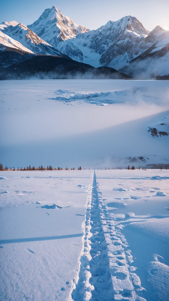 a field covered in snow, footprints in the snow, heavy snowfall, icicles, cold atmospheric haze, desolate winter landscape, frozen lake, snowflakes falling, blizzard, freezing temperature