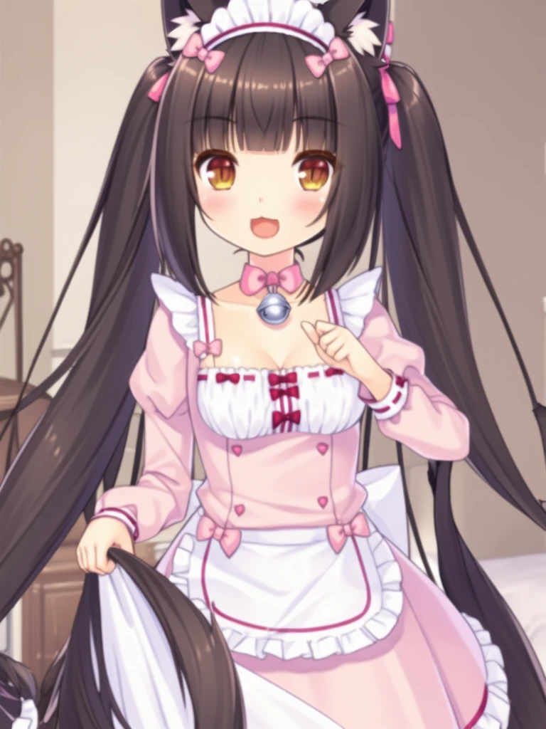 nice hands, perfect hands
solo, qiaokeli, choko, animal ears, long hair, :3, bell, cat ears, bangs, apron, very long hair, open mouth, name tag, :d, smile, frills, long sleeves, bow, frilled apron, tail, breasts, blunt bangs, neck bell, cat tail, twintails, pink bow, brown hair, brown eyes, jingle bell, waist apron, dress, looking at viewer, cat girl, maid headdress, blush, pink dress, ribbon trim, collar, 1girl, cleavage, slit pupils, solo focus, ribbon-trimmed clothes, hair bow, frilled dress