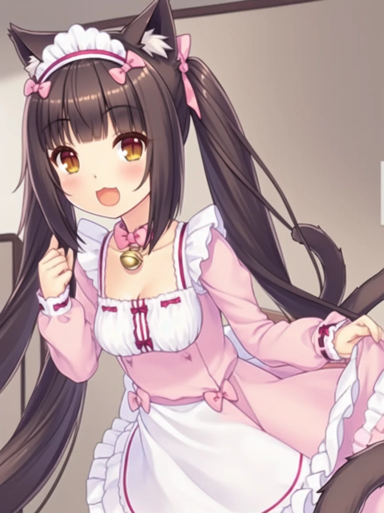 nice hands, perfect hands
solo, qiaokeli, choko, animal ears, long hair, :3, bell, cat ears, bangs, apron, very long hair, open mouth, name tag, :d, smile, frills, long sleeves, bow, frilled apron, tail, breasts, blunt bangs, neck bell, cat tail, twintails, pink bow, brown hair, brown eyes, jingle bell, waist apron, dress, looking at viewer, cat girl, maid headdress, blush, pink dress, ribbon trim, collar, 1girl, cleavage, slit pupils, solo focus, ribbon-trimmed clothes, hair bow, frilled dress