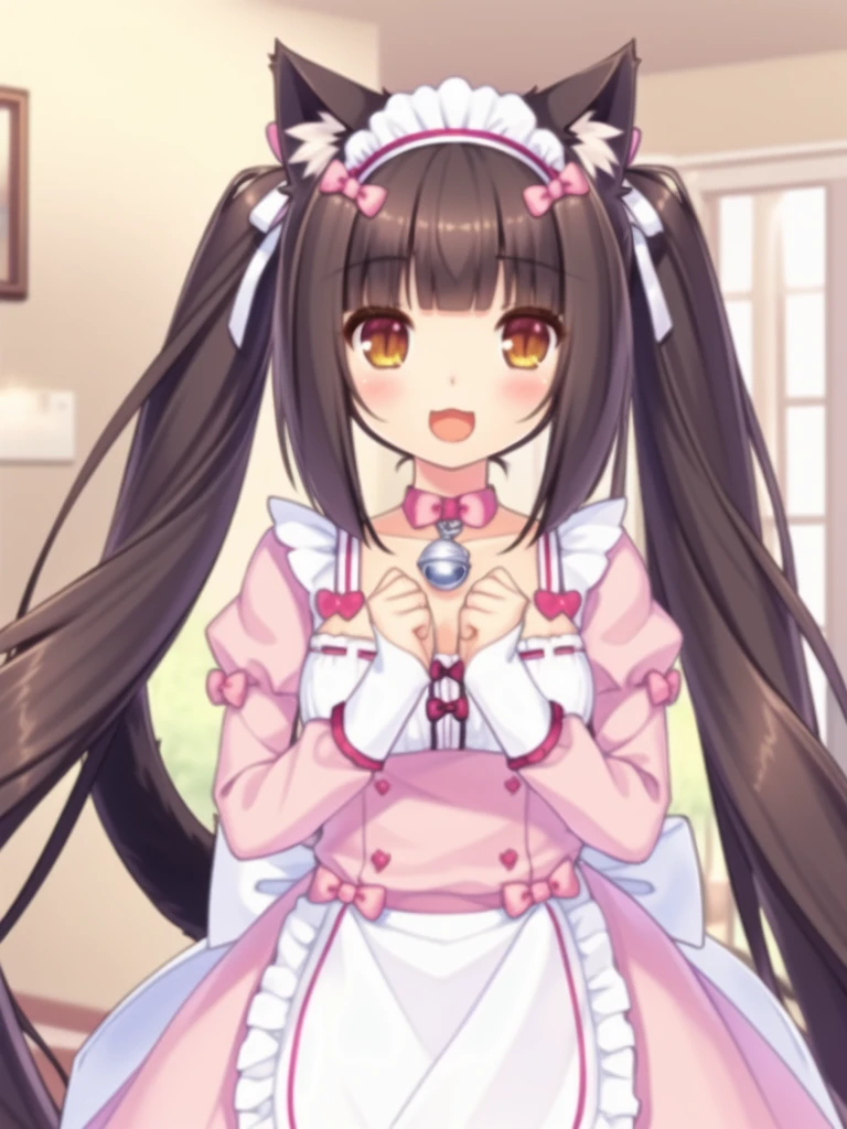 nice hands, perfect hands
solo, qiaokeli, choko, animal ears, long hair, :3, bell, cat ears, bangs, apron, very long hair, open mouth, name tag, :d, smile, frills, long sleeves, bow, frilled apron, tail, breasts, blunt bangs, neck bell, cat tail, twintails, pink bow, brown hair, brown eyes, jingle bell, waist apron, dress, looking at viewer, cat girl, maid headdress, blush, pink dress, ribbon trim, collar, 1girl, cleavage, slit pupils, solo focus, ribbon-trimmed clothes, hair bow, frilled dress