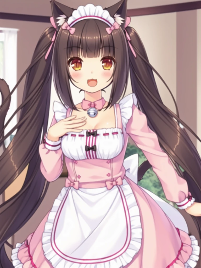 nice hands, perfect hands
solo, qiaokeli, choko, animal ears, long hair, :3, bell, cat ears, bangs, apron, very long hair, open mouth, name tag, :d, smile, frills, long sleeves, bow, frilled apron, tail, breasts, blunt bangs, neck bell, cat tail, twintails, pink bow, brown hair, brown eyes, jingle bell, waist apron, dress, looking at viewer, cat girl, maid headdress, blush, pink dress, ribbon trim, collar, 1girl, cleavage, slit pupils, solo focus, ribbon-trimmed clothes, hair bow, frilled dress