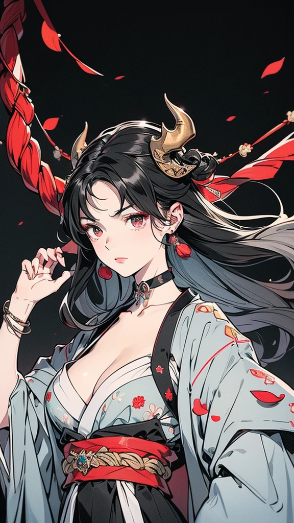 Seven Rhaeyar (Deylta), Ancient Star goddess, Perfect female anatomy (Royalty, Adult Female, 166cm in height, Cool pale skin, slim, slender, 34D breast size, Long Jet Black Hair, Gray Colored Iris , a set of Jet black colored horns on her head), Neutral facial expression, Elegant black uniform dress, female choker accessory with silver complimentary jewelry, dragon motifs, Black rope accessories, Simple Black Background, receiving light from the front, Slightly focusing on her face up close, Ethereal glow, Red Rose petals falling, Japanese inspired