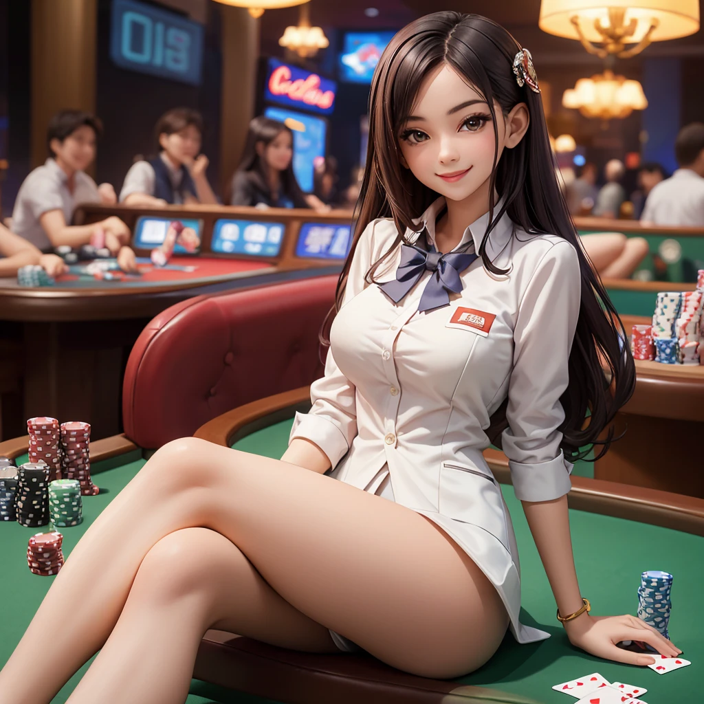 one girl only, luxurious casino, elegant, card table, rich people, people playing cards in background, croupier, customer service, poker table, happy pretty smile, wearing indonesian high , sitting,
