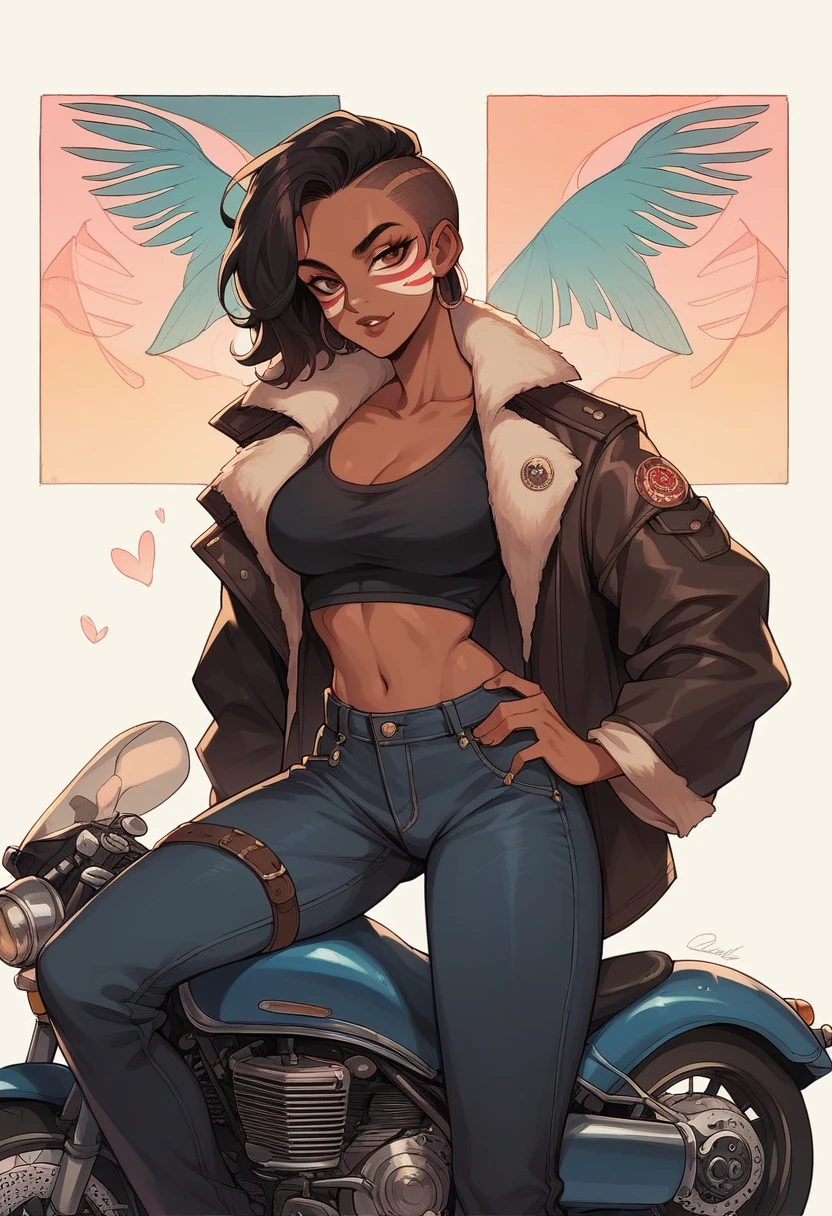 An indigenous woman with a beautiful coat, dark skin with typical face paint is on top of a motorcycle vintage style poster