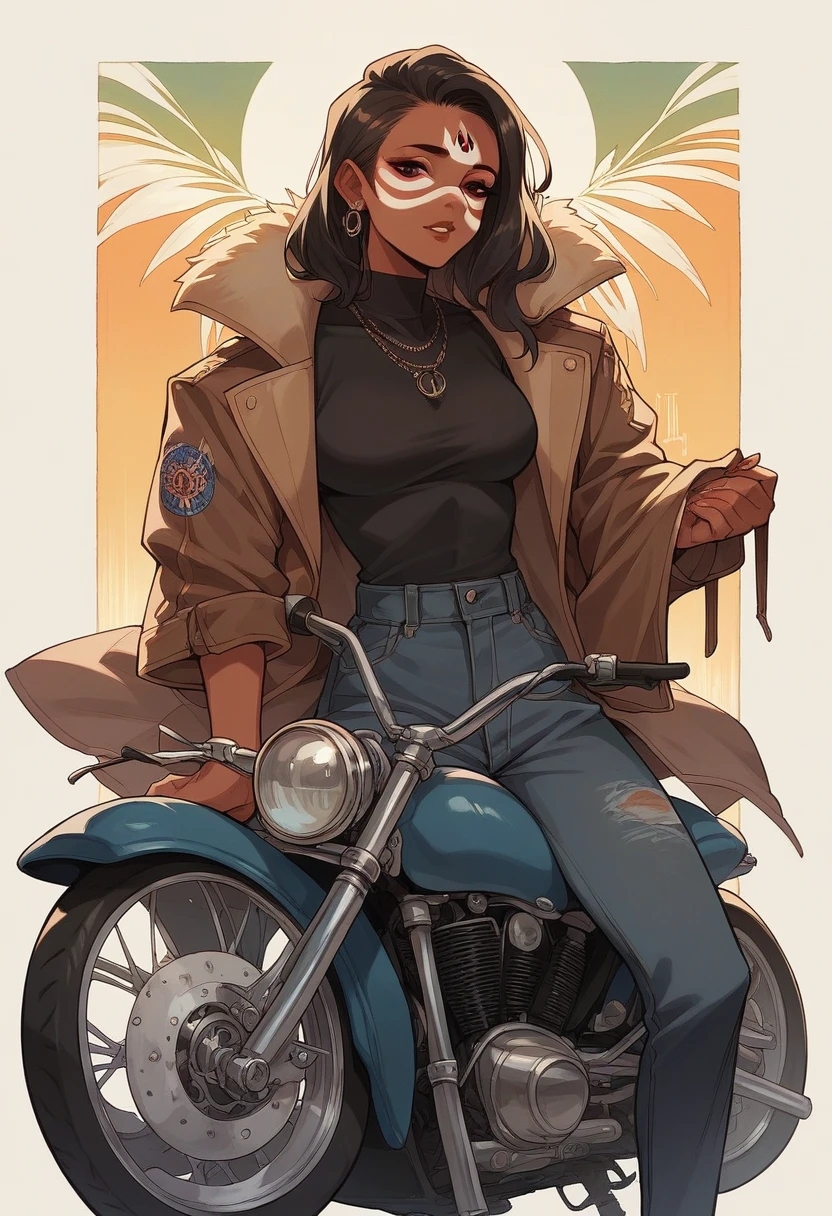 An indigenous woman with a beautiful coat, dark skin with typical face paint is on top of a motorcycle vintage style poster