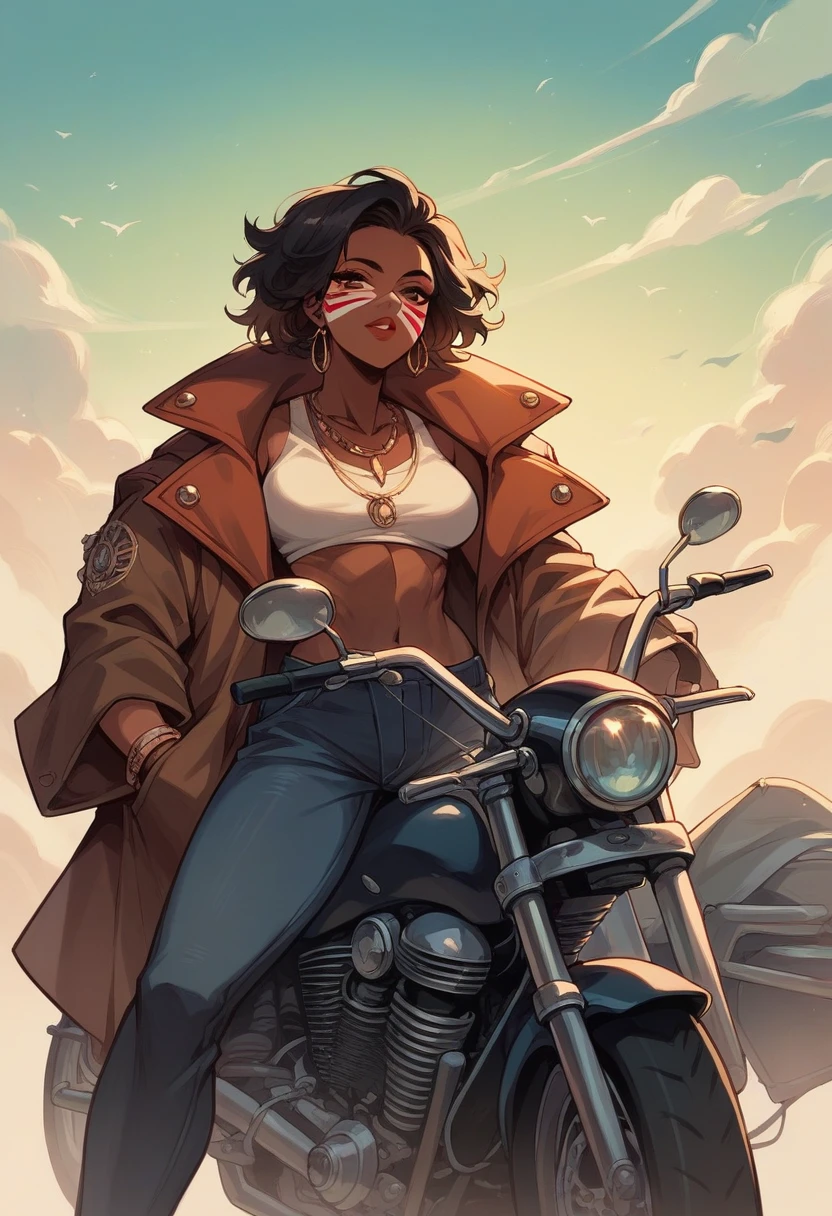 An indigenous woman with a beautiful coat, dark skin with typical face paint is on top of a motorcycle vintage style poster