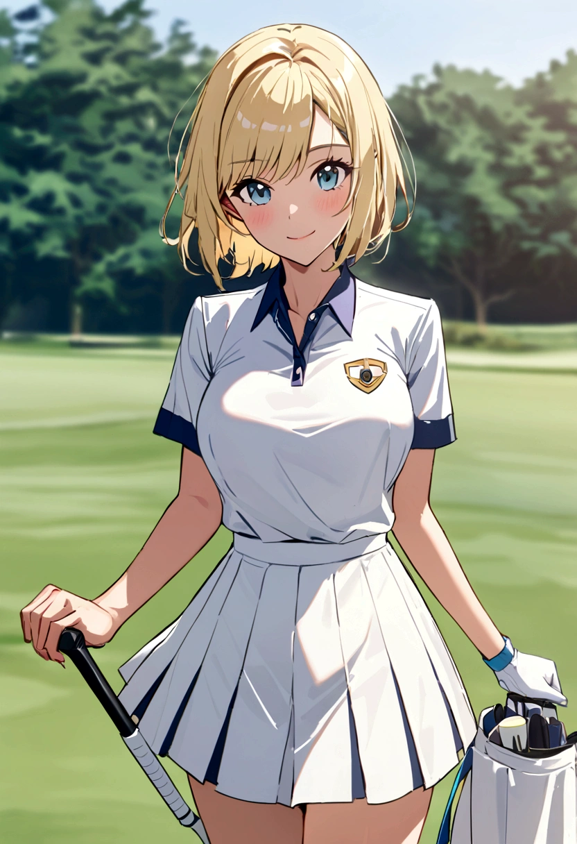 sound high resolution 8k beauty Woman playing golf Golf course Beautiful woman short hair Blonde White Golf Wear mini skirt smile looking at the camera Sunburn mark victory tall